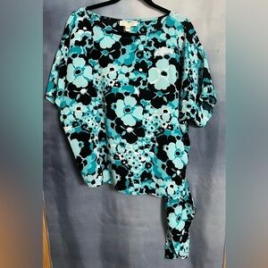 Michael Kors blue, black and white side tie floral top size M EUC